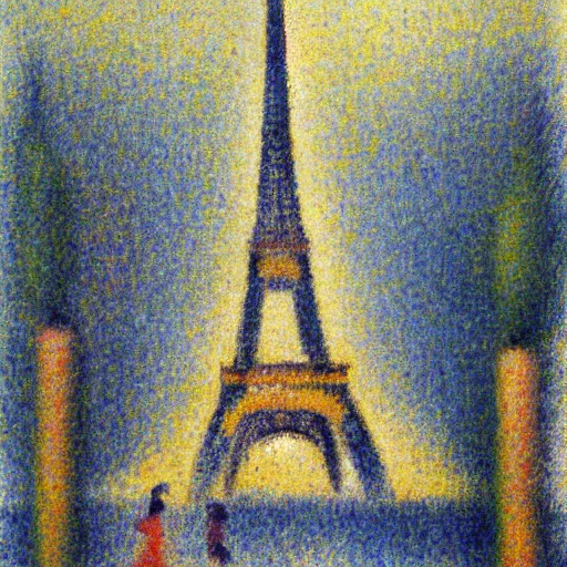 Prompt: eiffel tower building in paris, happy athmosphere, joy, impressionism, by georges seurat,