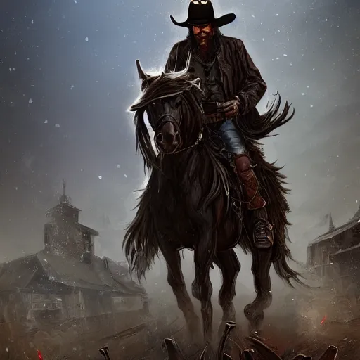 Prompt: Nicholas, the cowboy in the weird west, long dark hair, facial hair, long coat, grey horse, riding in the town of Doom, demons waiting in the background, by Shaddy Safadi, dark fantasy, digital art, high detailed, artstation,