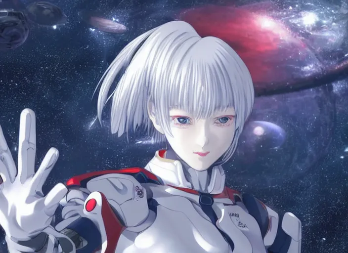 Image similar to This is a digital art piece by Yoshiyuki Sadamoto that is trending on artstation. It is a 8K UHD image of Rei Ayanami, a female anime character, inside a space station with technological rings. She is shot from the ground by Yoshiyuki Sadamoto. The environment is a concept design and the art is hyper realistic with intricate details.