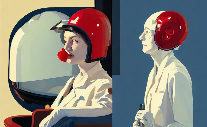 Image similar to Portrait of a woman Scientist with helmet, very coherent, painted by Edward Hopper, painted by James Gilleard, airbrush, art by JamesJean