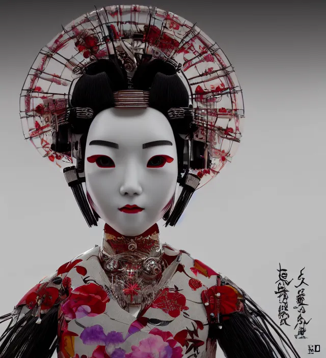 Prompt: portrait of a beautiful japanese robotic geisha with wires and actuators, kanji tattoos and decals, dramatic lighting, hyper - realistic, ultra - realistic, intricate details, japanese model, 8 k ultra high definition, octane render