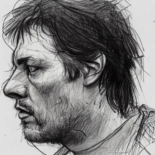 Image similar to a realistic yet scraggly portrait sketch of the side profile of a stern and sophisticated young david gilmour, trending on artstation, intricate details, in the style of frank auerbach, in the style of sergio aragones, in the style of martin ansin, in the style of david aja, in the style of mattias adolfsson