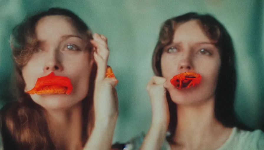 Image similar to 7 0 s movie still portrait of a woman with fungus in the mouth, cinestill 8 0 0 t 3 5 mm technicolor, heavy grain, high quality, high detail