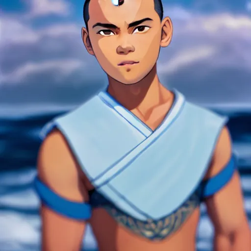 Image similar to beautiful serene intricate photograph of sokka from the water tribe as an inuit young man, dark hair, light blue eyes, smiling softly, relaxing on the beach, golden hour, soft focus, 8 k, art by irakli nadar, hyperrealism, hyperdetailed, ultra realistic