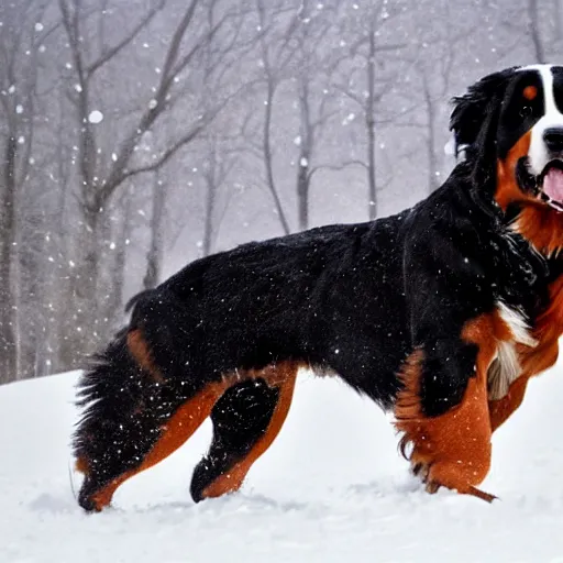 Image similar to girl riding giant Bernese Mountain Dog in the snow, trending on artstation