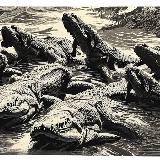 Prompt: battalion of tabby cats swimming downstream to do battle with a giant cayman crocodile silkscreened poster lithograph “ bernie wrightson ”