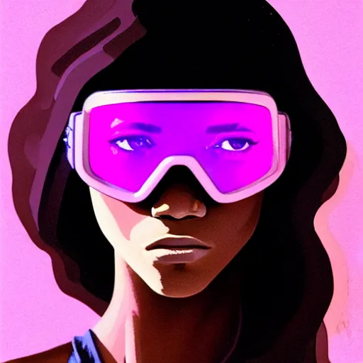 Image similar to zendaya wearing opaque reflective goggles profile picture by Greg Rutkowski, brown skin, very long hair, dune, asymmetrical, futuristic, neon volumetric lights, cool colors, streetwear, studio ghibli, Organic Painting , Matte Painting, geometric shapes, hard edges, street art, trending on the artstation, fantasy LUT, realistic by Sachin Teng + Martin Grip + Moebius, techwear, Industrial Scifi, detailed illustration, character portrait,