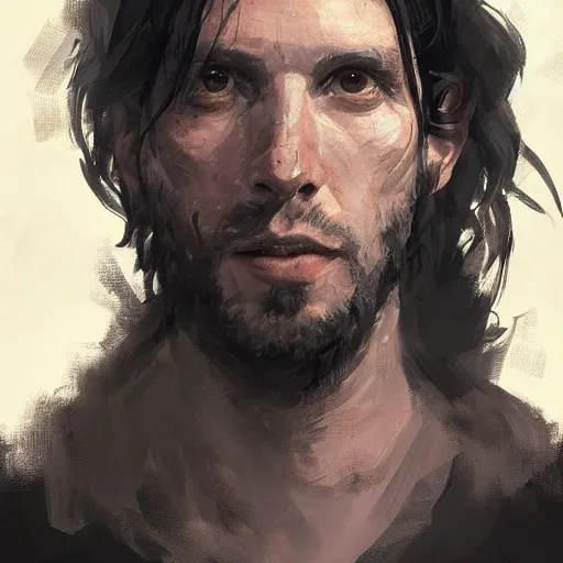 Image similar to Portrait of a man by Greg Rutkowski, he is about 30 years old, messy long black hair, tired appearance, roman nose, german features, wearing black t-shirt, highly detailed portrait, digital painting, artstation, concept art, smooth, sharp foccus ilustration, Artstation HQ.