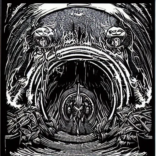 Prompt: woodcut of demonic portal to hell by Dan Mumford and Josan Gonzalez. Stargate. Very detailed intricate linework