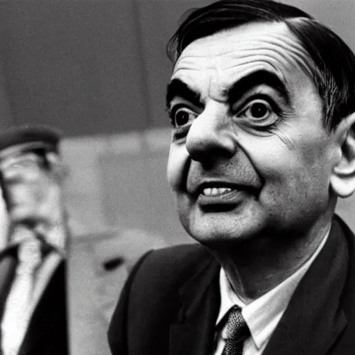 Image similar to mr bean sitting at the nuremberg trials being charged for war crimes