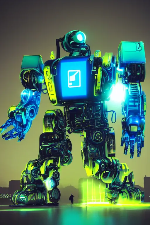 Image similar to Robotic ox, Cyberpunk, Green yellow blue