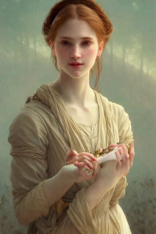 Image similar to Portrait of beautiful pale peasant girl, cinematic lighting, intricate, elegant, highly detailed, digital painting, artstation, smooth, sharp focus, illustration, art by artgerm and greg rutkowski and alphonse mucha and Wayne Barlowe and william-adolphe bouguereau