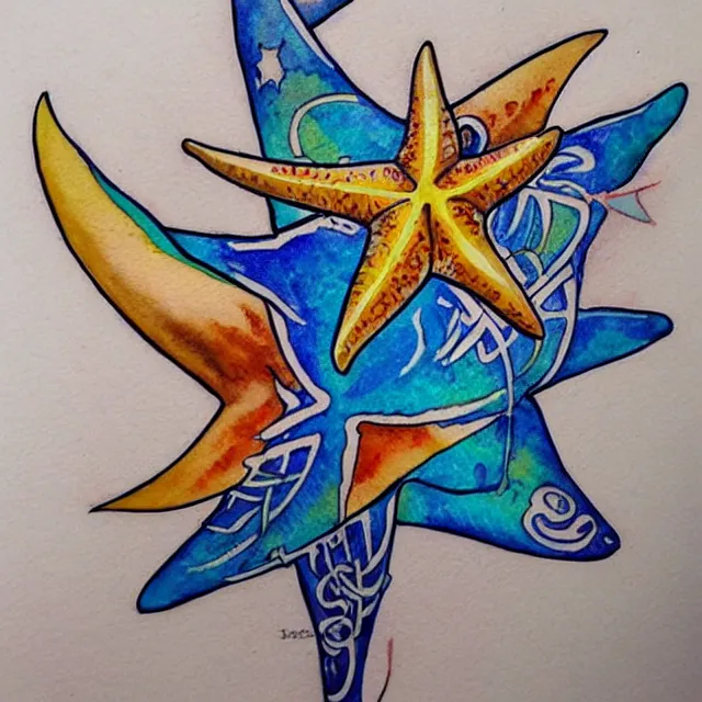 Image similar to starfish, tattoo design, watercolor, maximalist, high detail