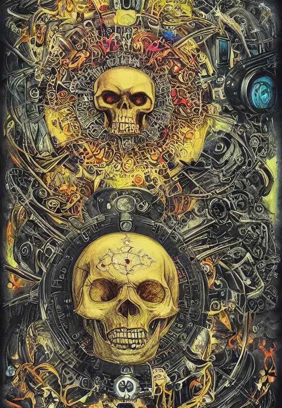 Image similar to simplicity, elegance, machinery, cameras, skulls, radiating, colorful mandala, psychedelic, minimalist environment, by ryan stegman and hr giger and esao andrews and maria sibylla merian eugene delacroix, gustave dore, thomas moran, the movie the thing, pop art, street art, graffiti, saturated