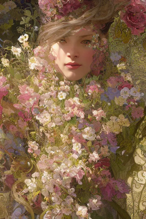 Image similar to an intricate artistic painting of a beautiful wallpaper art pattern made of elegant flowers with painterly motives and textures, hyper detailed, octane render, vivid colors, artstation, by jeremy mann, by alphonse mucha