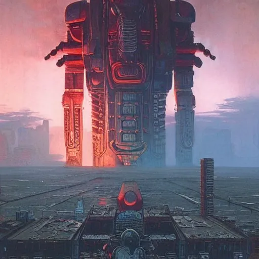 Image similar to giant mayan cyberpunk mecha with flaming eyes standing over city, perfectly clear face, shadow of the colossus screenshot by j. c. leyendecker, simon stalenhag, studio ghibli, and beksinski