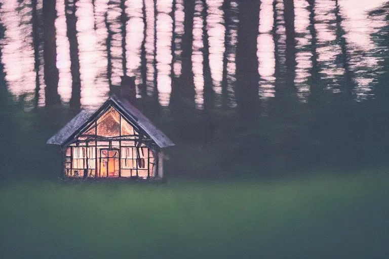 Image similar to dusk forest abandoned cottage in summer tilt shift, Cinematic, wildlife photography, 35mm, photo on iphone