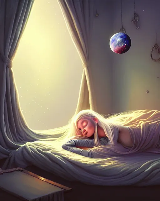 Image similar to beautiful painting of a elven sleeping on a bedroom, poster art by mor than, cgsociety, space art, sci - fi, cosmic horror, sense of awe, art by mike winkelmann, sky night, illustration, highly detailed, simple, smooth and clean vector curves, no jagged lines, vector art, smooth, artstation