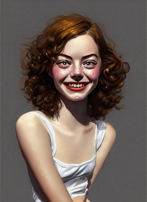 Image similar to portrait of teenage emma stone, freckles, curly middle part haircut, curly hair, smiling kindly, friendly, 1 9 5 0 s, intricate, elegant, glowing lights, highly detailed, digital painting, artstation, concept art, smooth, sharp focus, illustration, art by wlop, mars ravelo and greg rutkowski