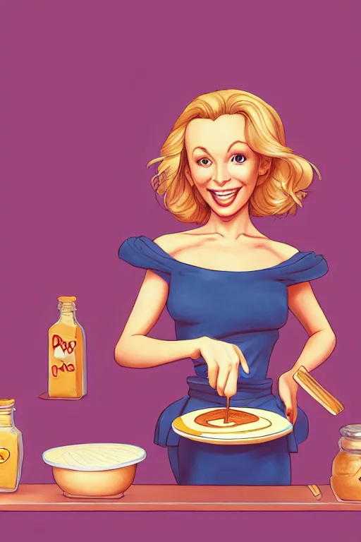 Image similar to kylie minogue making pancakes, animation pixar style, by pendleton ward, magali villeneuve, artgerm, rob rey and kentaro miura style, golden ratio, trending on art station