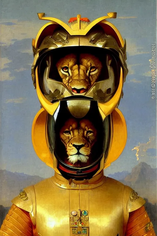 Image similar to portrait of a evil lion astronaut with chinese dragon armor and helmet, majestic, solemn, by bouguereau