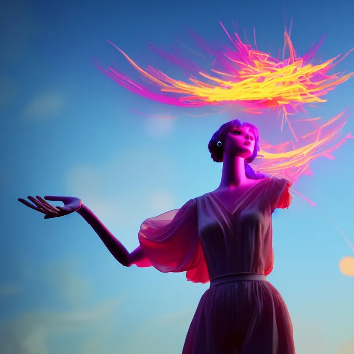 Image similar to mannequin fires colorful magic into the sky from her hand. extremely high details, solo, masterpiece, photorealistic, colorful, hyperrealism, cinematic, octane render, volumetric lighting, depth of field, bokeh, cgsociety by vincent desiderio, shaun downey, daniel e. greene