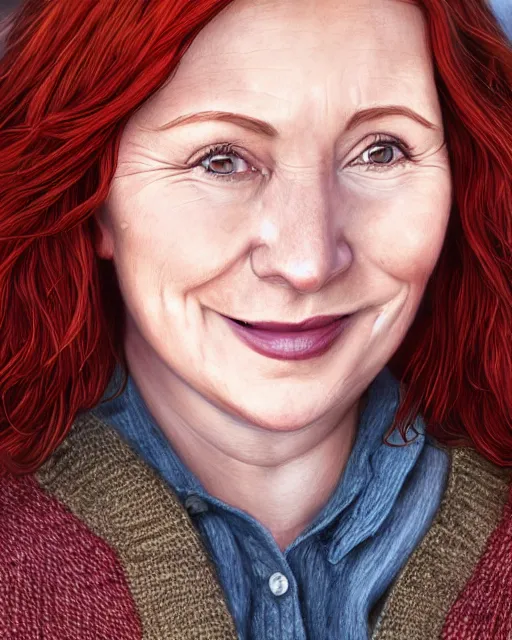 Image similar to portrait smiling of short and plump 5 0 - year - old woman with red hair and, kind face, round face, short hair, molly weasley, wearing in cardigan, hyper realistic face, beautiful eyes, character art, art by mark brooks, hyperdetailed, cryengine, trending on artstation, digital art