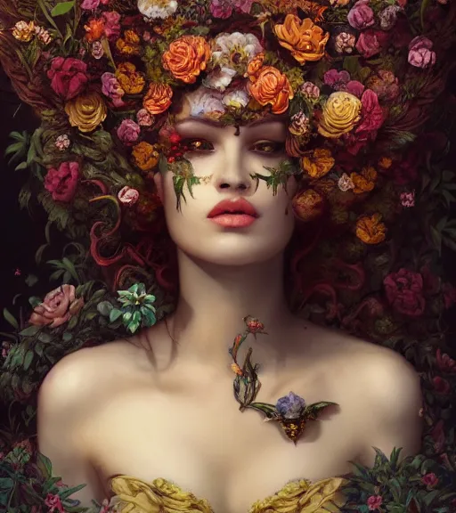 Image similar to portrait of the queen of the underworld, surrounded by flowers by karol bak, james jean, tom bagshaw, rococo, trending on artstation, cinematic lighting, hyper realism, octane render, 8 k, hyper detailed.