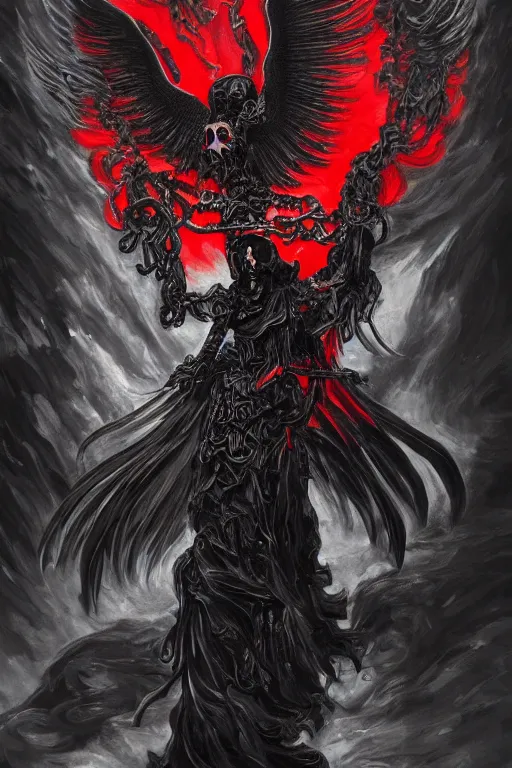 Prompt: painting of an ominous bright black and red angel of death with many skulls in dark clouds, full-body portrait, highly detailed, ornate and elegant, fantasy, traditional art, gothic, abstract art, surrealism, concept art, on artstation