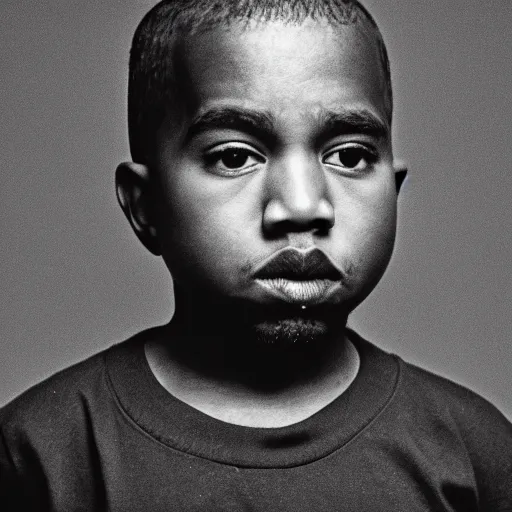 Image similar to the face of young kanye west wearing yeezy clothing at 3. 5 years old, black and white portrait by julia cameron, chiaroscuro lighting, shallow depth of field, 8 0 mm, f 1. 8