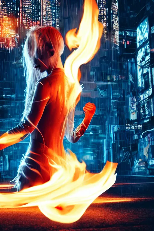 Image similar to young blonde woman from behind with flames dancing on her hands with a long jacket in a cyberpunk city, realistic, high definition, 4K, shimmering color, art of pixal