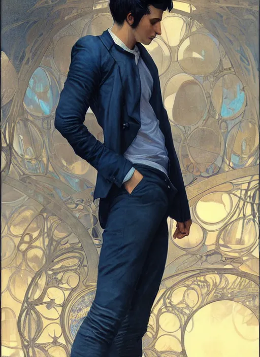 Prompt: handsome young man with short black hair, male, dressed in blue, looking down, half body shot, arms down, path traced, highly detailed, high quality, digital painting, bastien lecouffe - deharme, alphonse mucha, art nouveau, posuka demizu