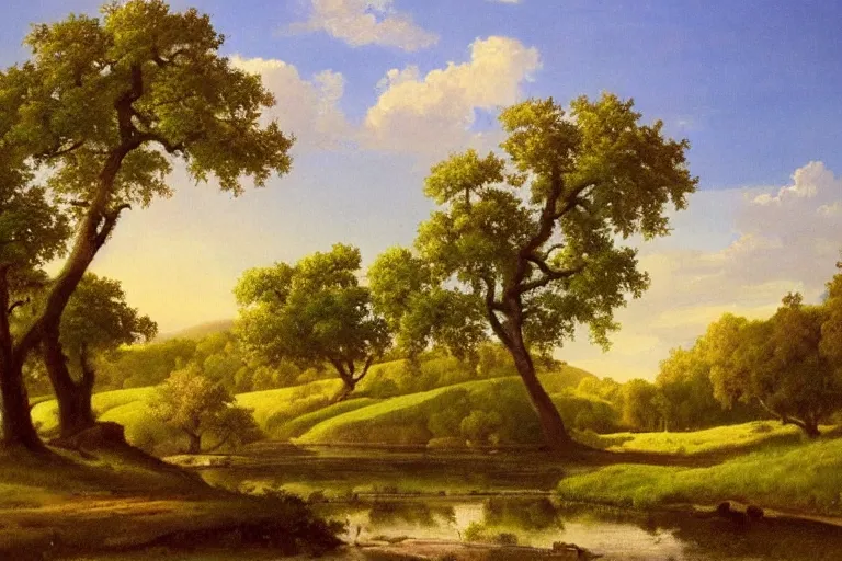 Prompt: masterpiece painting of oak trees on a hillside overlooking a creek, dramatic lighting, by a. y. jackson