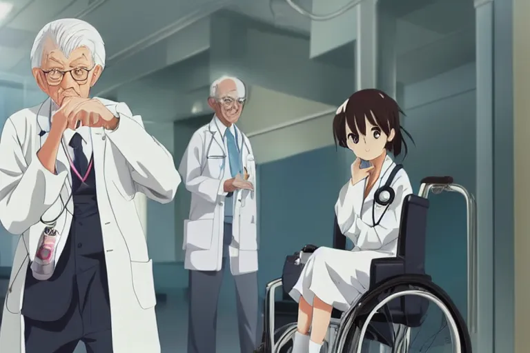 Prompt: a cute young female doctor wearing white coat, an old man of 80 years in a wheelchair, hospital ward, slice of life anime, cinematic, realistic, anime scenery by Makoto shinkai