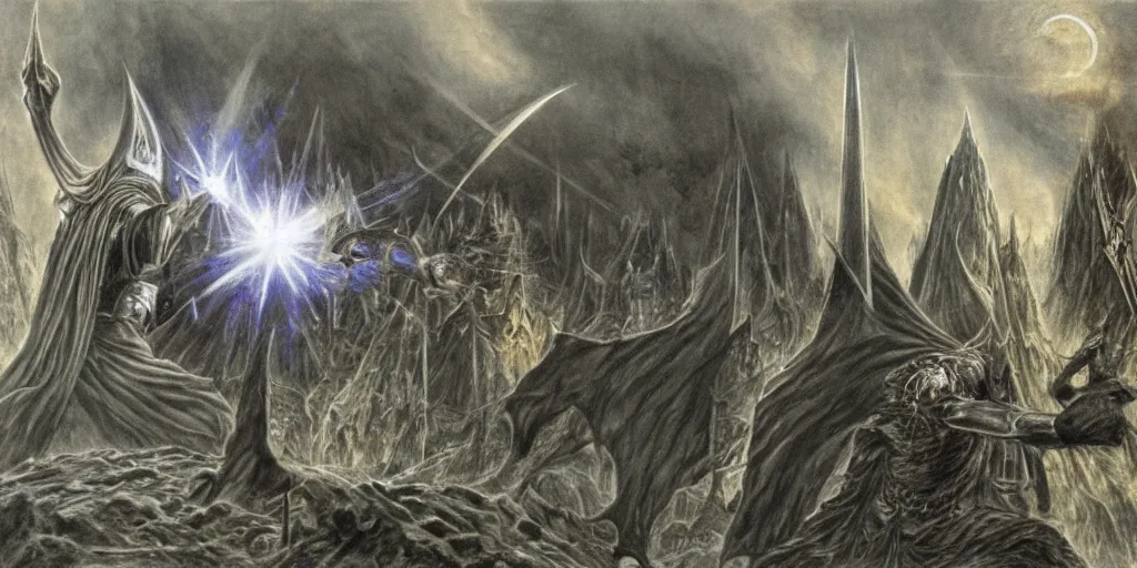 Image similar to illustration of Sauron fighting Saruman, the lord of the rings, by Alan Lee