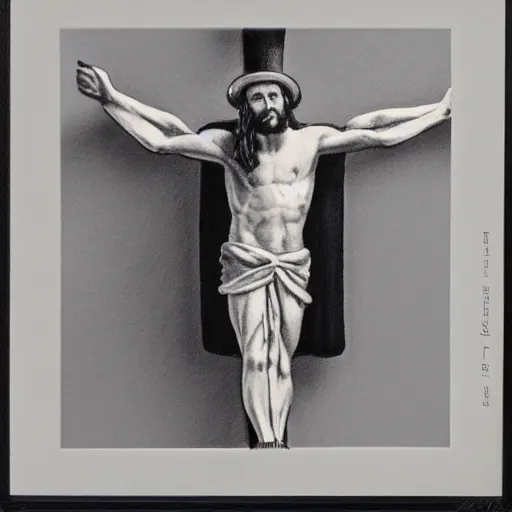 Image similar to jesus on the cross wearing a tophat and tuxedo, crucifixion, intricate detail, realistic, studio photo,