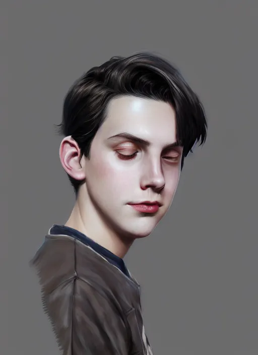 Image similar to portrait of teenage jughead jones wearing a light grey crown, photorealistic, crown, eyes closed, crown, black hair, intricate, elegant, glowing lights, highly detailed, digital painting, artstation, concept art, smooth, sharp focus, illustration, art by wlop, mars ravelo and greg rutkowski