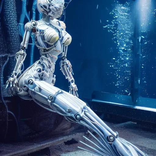 Image similar to biomechanical mecha white mermaid underwater, rays of light. Style of westworld, cables, lights, searchlight, weta digital, octane render, insane details, ultra realistic, beatifully lit, reflections