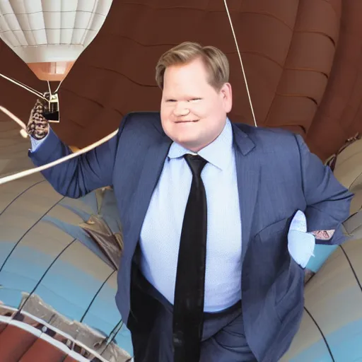 Prompt: Andy Richter wearing a brown suit and necktie floating in a hot air balloon about nyc