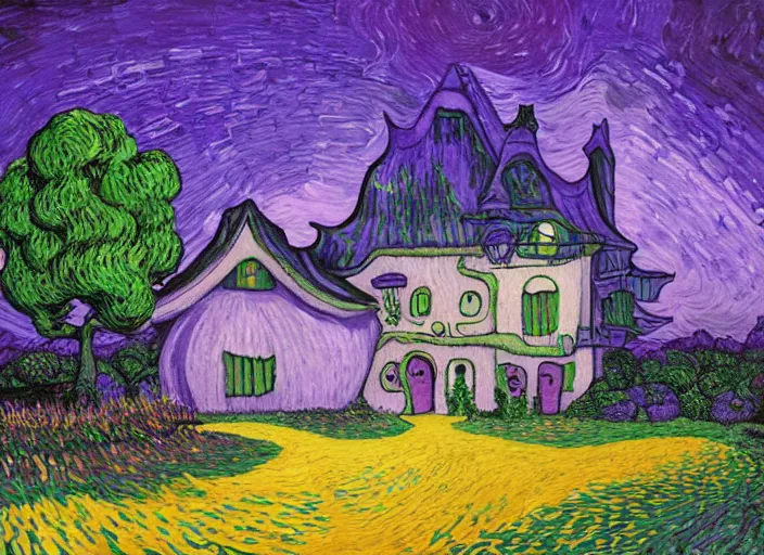 Image similar to detailed painting of a mysterious house inside a giant purple mushroom, mystical dark purple alien landscape at night, dark purple sky, blue bioluminescent life, in the style of studio ghibli and vincent van gogh and claude monet