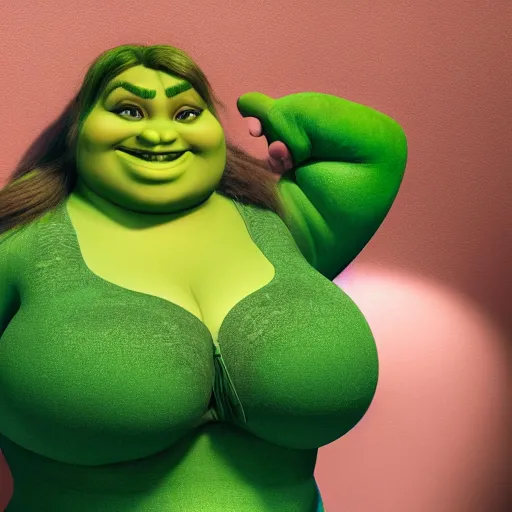 Image similar to big curvy woman sitting in shrek's arms, super realistic, super detailed, high octane, photorealistic, rendering 8 k, 8 k octane, unreal engine,