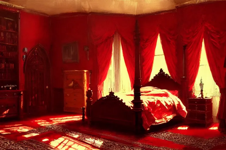 Image similar to an ornate red victorian bedroom, in the evening, 1 8 9 0, key visual, conceptart, ambient lighting, highly detailed, digital painting, artstation, concept art, sharp focus, by makoto shinkai and akihiko yoshida and greg manchess