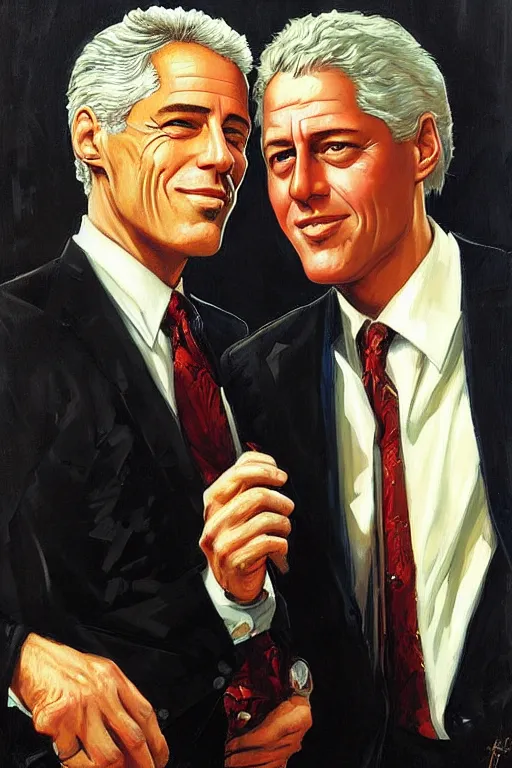 Image similar to jeffrey epstein and bill clinton, painting by jc leyendecker!! phil hale!, angular, brush strokes, painterly, vintage, crisp