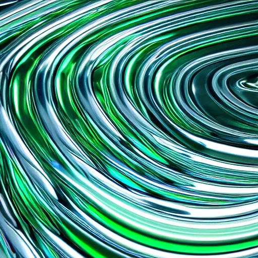 Prompt: swirling soft focus chrome liquid metal pools green, shining, smooth curves, liquidmetal, translucent, hologram