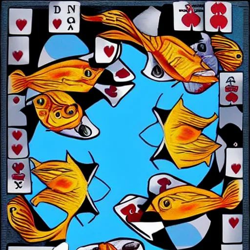 Image similar to two fishes sitting at a table playing cards at the bottom of the sea, the table has a checkered table cloth, lowbrow surrealistic, in the style of mark ryden,