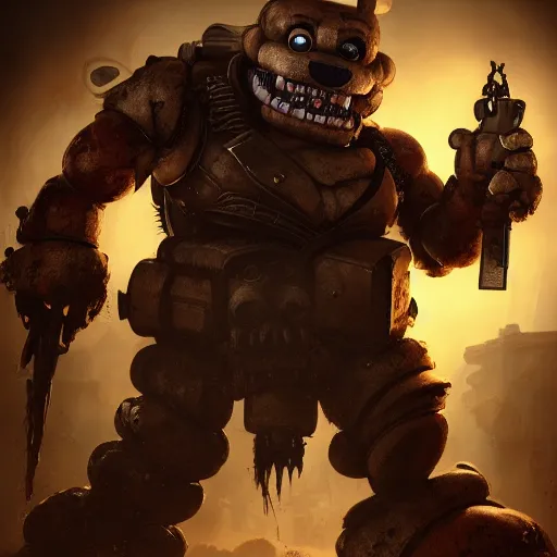 Image similar to Scary anthropomorphic Freddy (Five Nights at Freddy's) in Gears of War cover art, ultra wide lens shot, pretty, beautiful, DnD character art portrait, matte fantasy painting, eerie, DeviantArt Artstation, by Jason Felix by Steve Argyle by Tyler Jacobson by Peter Mohrbacher, cinematic lighting