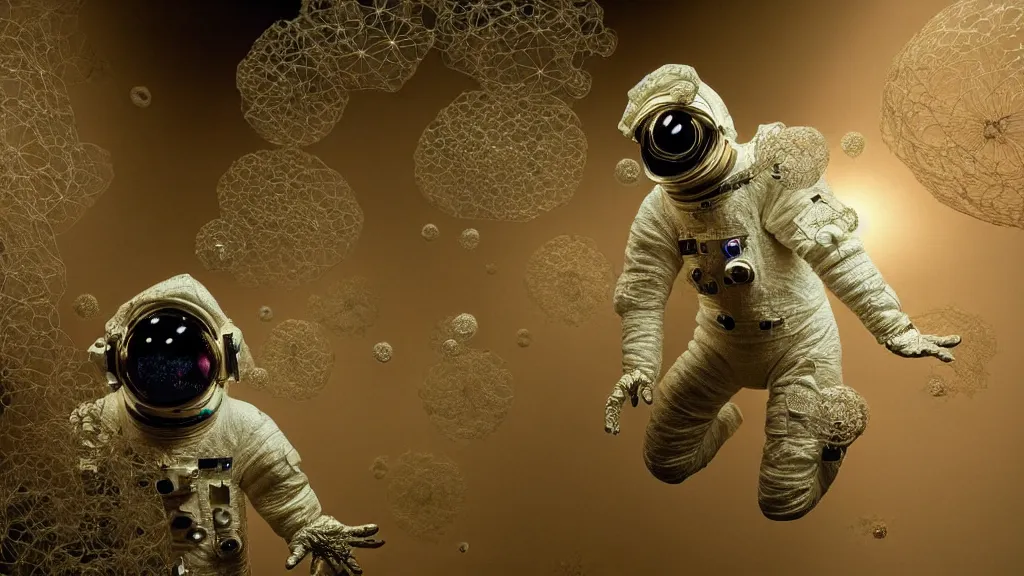 Image similar to a single astronaut eva suit covered in diamond 3d fractal lace iridescent bubble 3d skin and covered with insectoid compound eye camera lenses floats through the living room, film still from the movie directed by Denis Villeneuve with art direction by Salvador Dalí, wide lens,