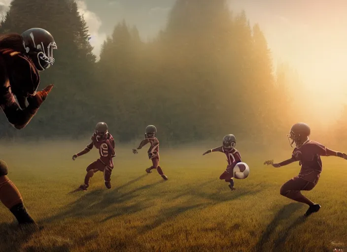 Prompt: big motion picture scenery artwork by robert svebeck, rendering of several young wizards playing in a football on a mystical field, matte painting, trending on artstation and unreal engine