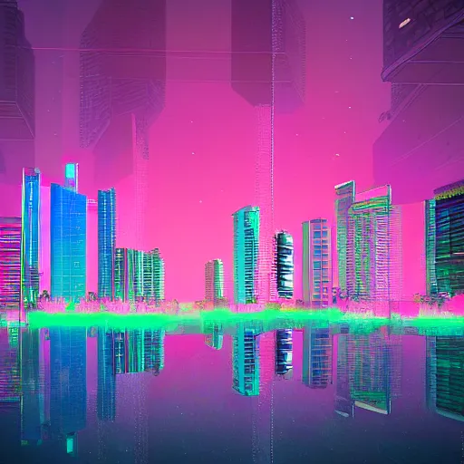 Image similar to vaporwave city, Miami at night. Digital painting. Beeple. Banksy