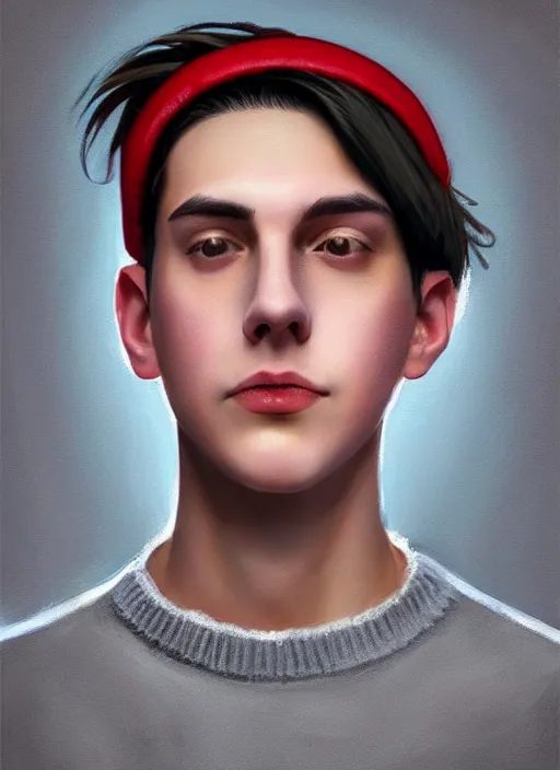 Image similar to portrait of teenage jughead jones wearing a light grey crown, photorealistic, crown, sweater with letter s on it, hamburger, eyes closed, crown, black hair, intricate, elegant, glowing lights, highly detailed, digital painting, artstation, concept art, smooth, sharp focus, illustration, art by wlop, mars ravelo and greg rutkowski